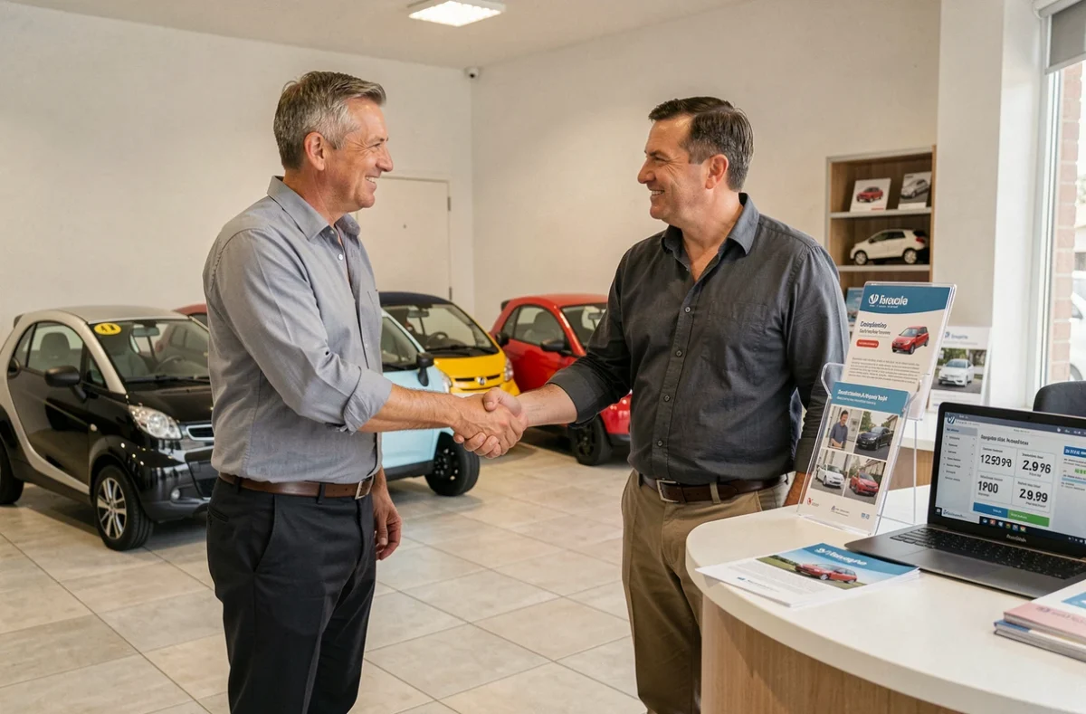 Client et vendeur qui se serrent la main dans une concession de voitures sans permis à Paris