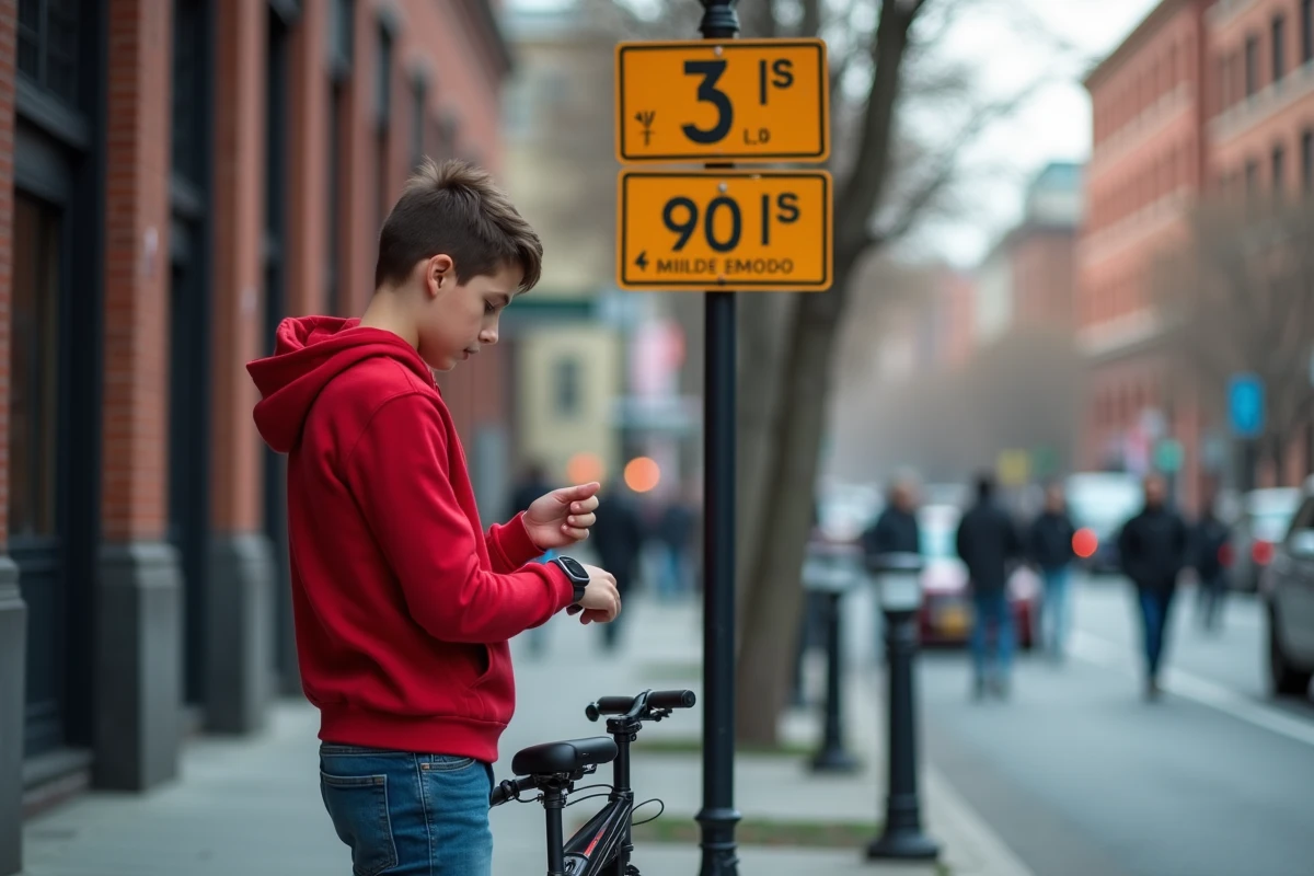 Adolescent en ville regardant son smartwatch près d un panneau vitesse