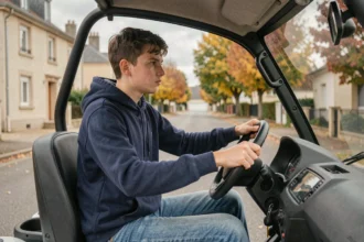 Jeune adolescent au volant d'une voiture sans permis dans une rue résidentielle française