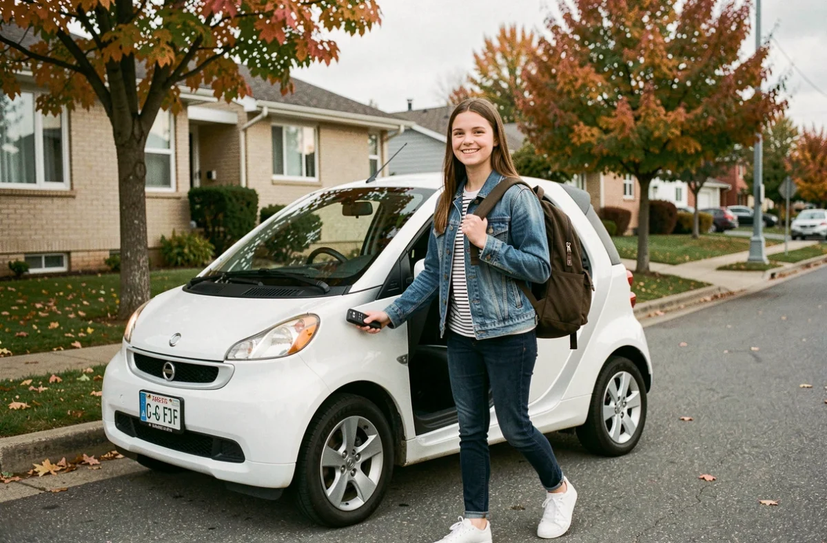 Adolescente sortant d'une voiture sans permis dans un quartier résidentiel