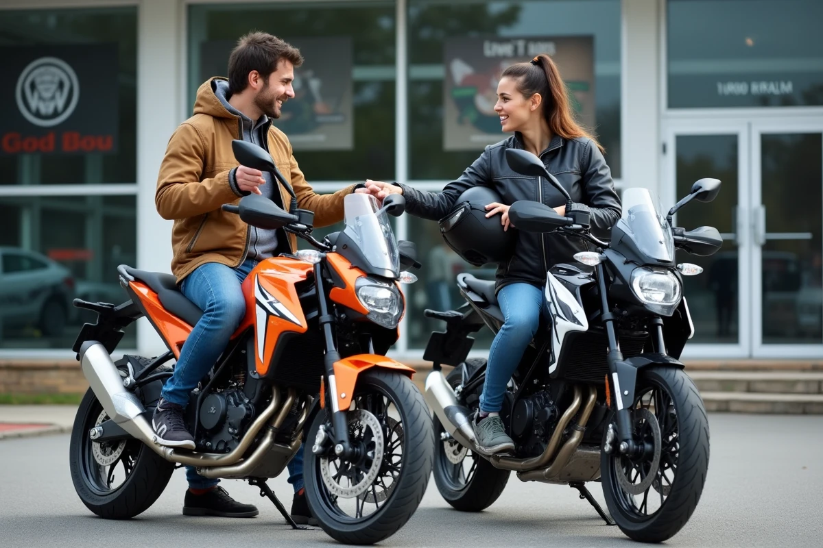 Deux amis débutants comparant des motos d'entrée de gamme dans un concessionnaire moto, équipés de vestes de protection