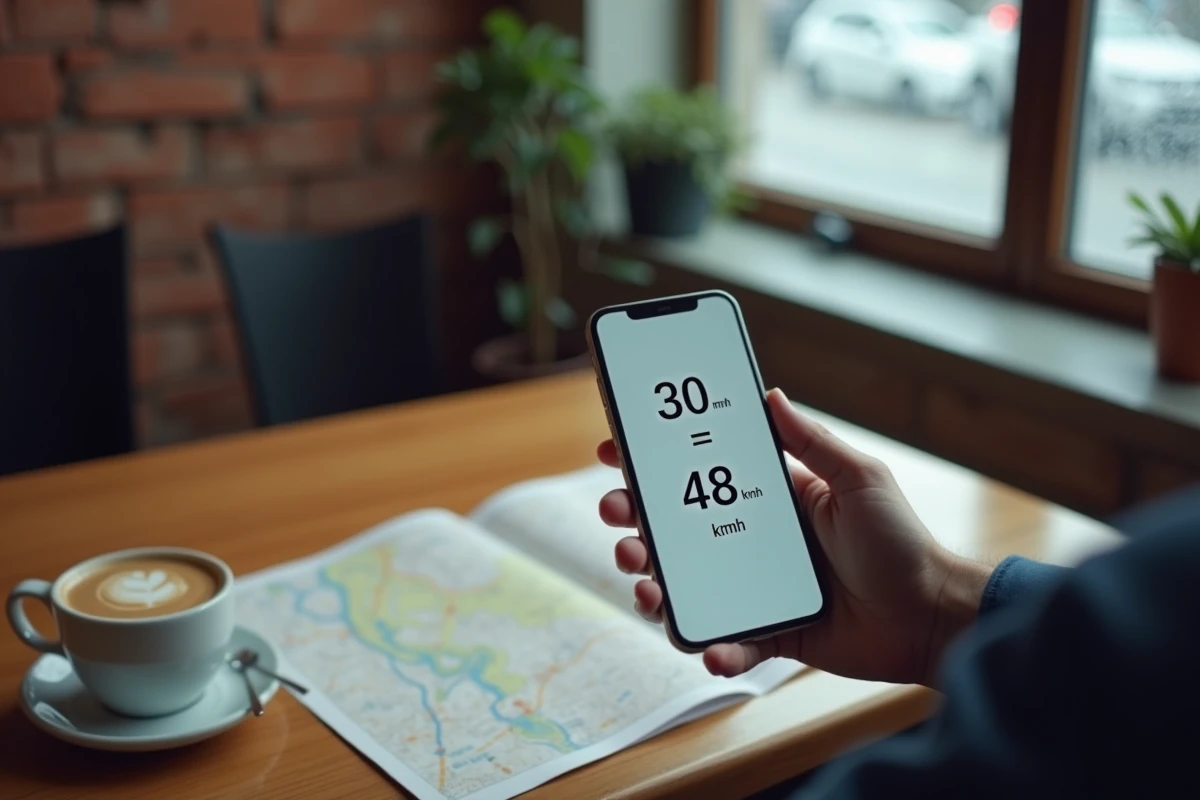 Application de conversion d'unités sur smartphone affichant 30 mph en km/h posé sur une table de café avec atlas routier
