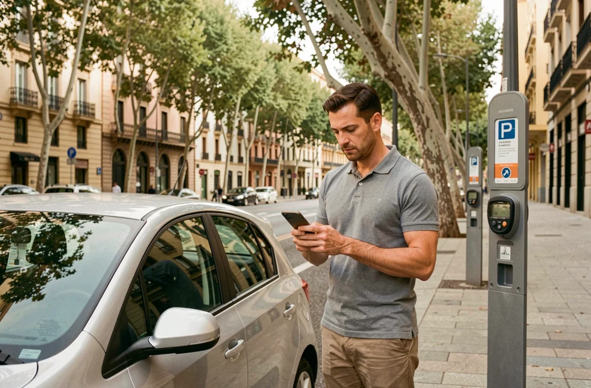 Homme vérifiant une application de stationnement sur smartphone à côté de sa voiture dans une rue de Barcelone