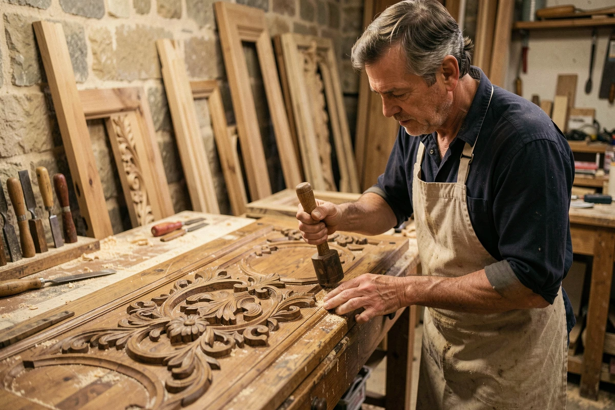 Artisan boiserie Thierry Vigneau sculptant un panneau de bois ornemental dans un atelier traditionnel français