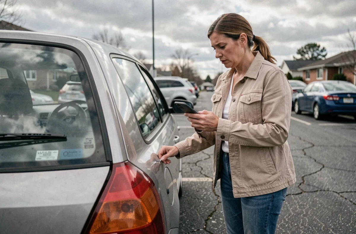 Femme examinant une bosse sur sa vieille voiture, se demandant si une assurance au tiers est suffisante