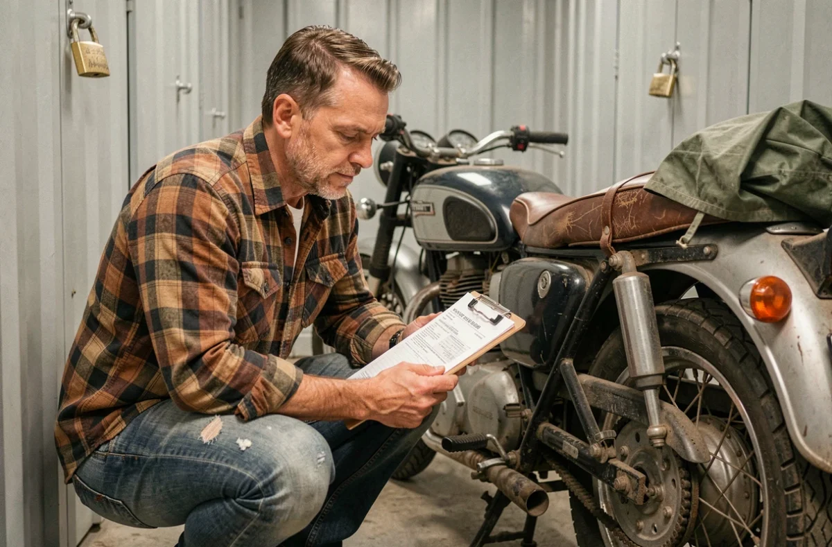 Homme consultant des documents d'assurance pour une moto stockée dans un box de stockage, représentant la gestion administrative d'une moto non roulante