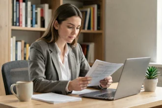 Auto-entrepreneur femme examinant des documents d'assurance professionnelle à son bureau à domicile
