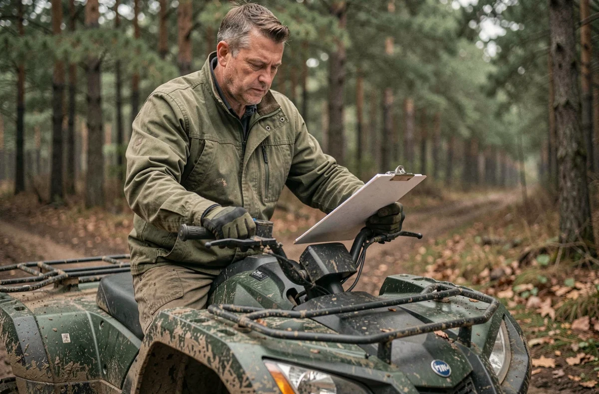 Homme en veste kaki consulte des documents d'assurance assis sur un quad tout-terrain en forêt