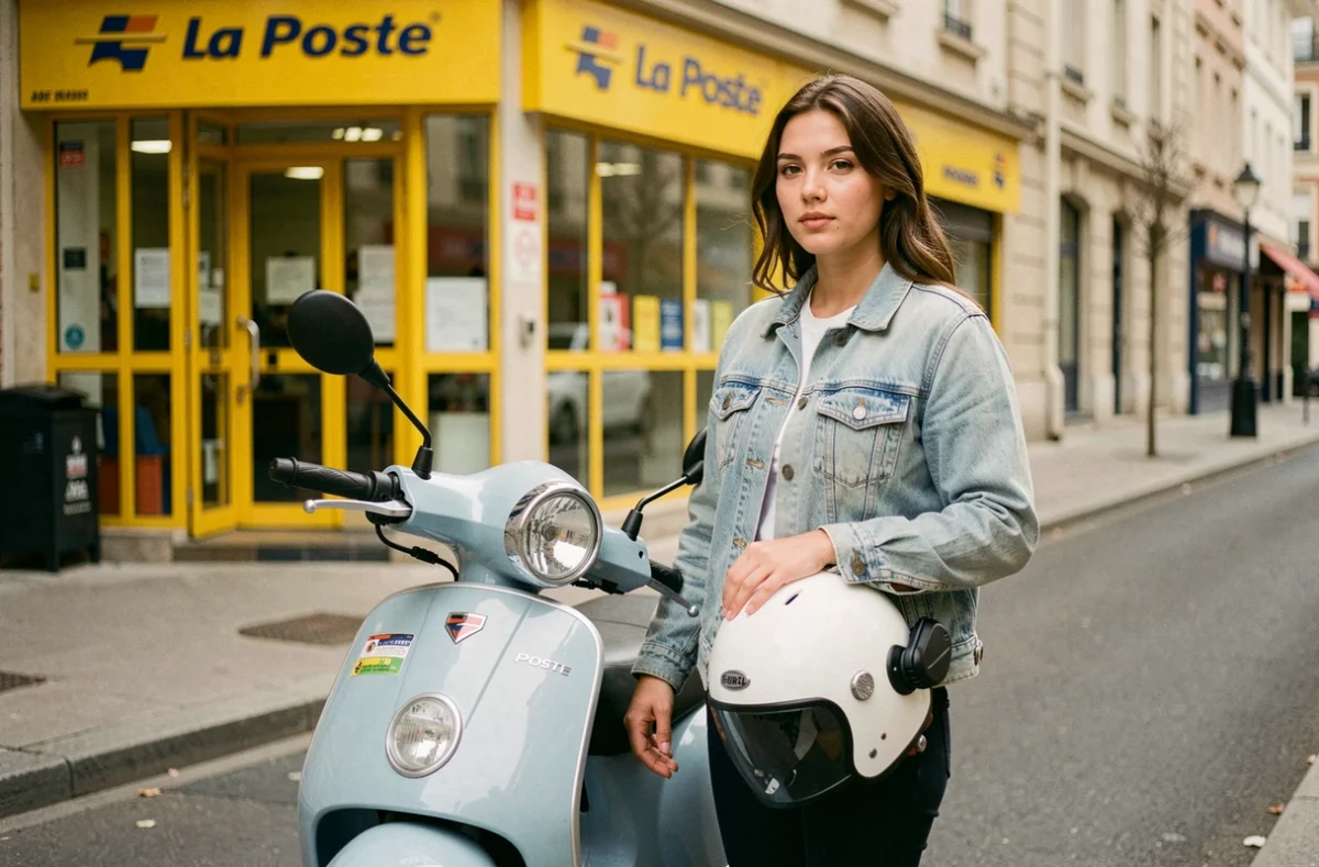 Jeune femme avec son scooter 50cc devant une agence La Poste pour souscrire une assurance