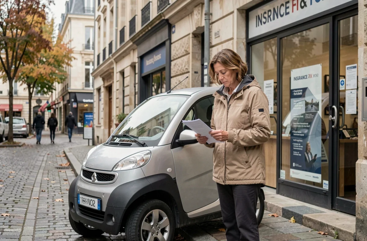 Femme consultant les documents d'assurance d'une voiture sans permis devant une agence