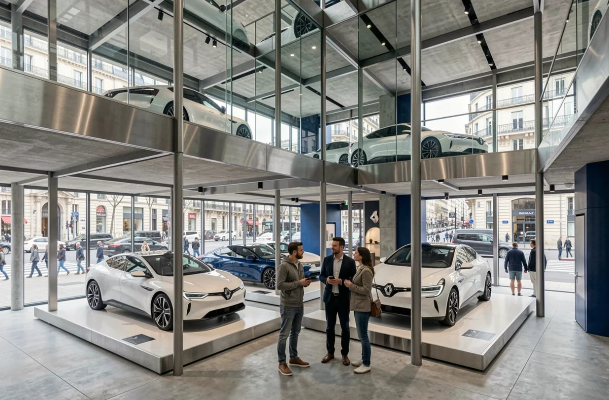 Atelier Renault sur les Champs-Élysées avec des voitures conceptuelles exposées sur plusieurs niveaux