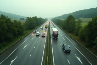 Vue aérienne d'une autoroute française avec trafic dense et paysage verdoyant en arrière-plan