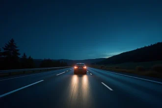 Voiture seule sur une autoroute française vide la nuit, illustration de la gratuité autoroutière nocturne