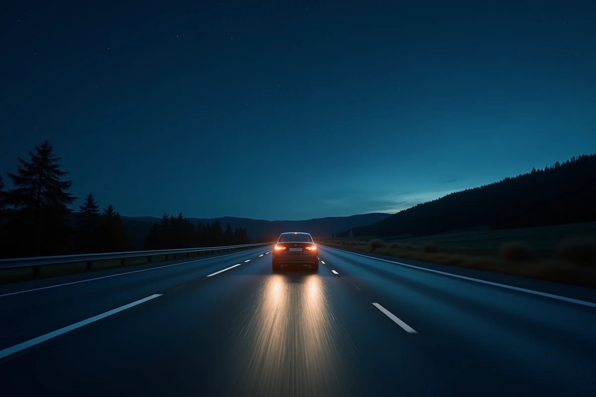 Voiture seule sur une autoroute française vide la nuit, illustration de la gratuité autoroutière nocturne
