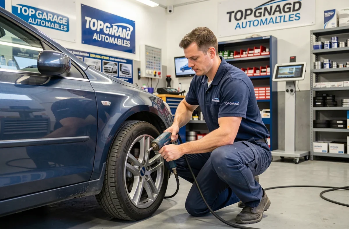 Mécanicien d'Avenard Automobiles en tenue Top Garage effectuant un changement de pneu dans l'atelier réseau près de Nantes