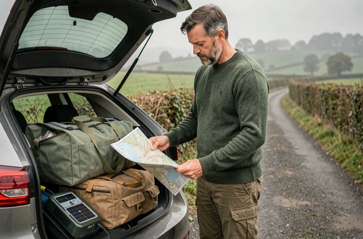 Homme organisant ses bagages éco-responsables dans le coffre d'une voiture lors d'un road trip en campagne française