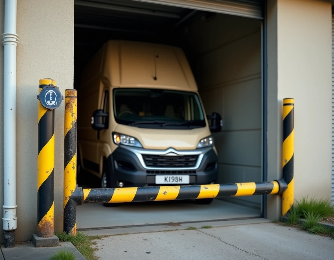 Barre de hauteur limitée en jaune et noir à l'entrée d'un box de garage avec van L2H2 en approche