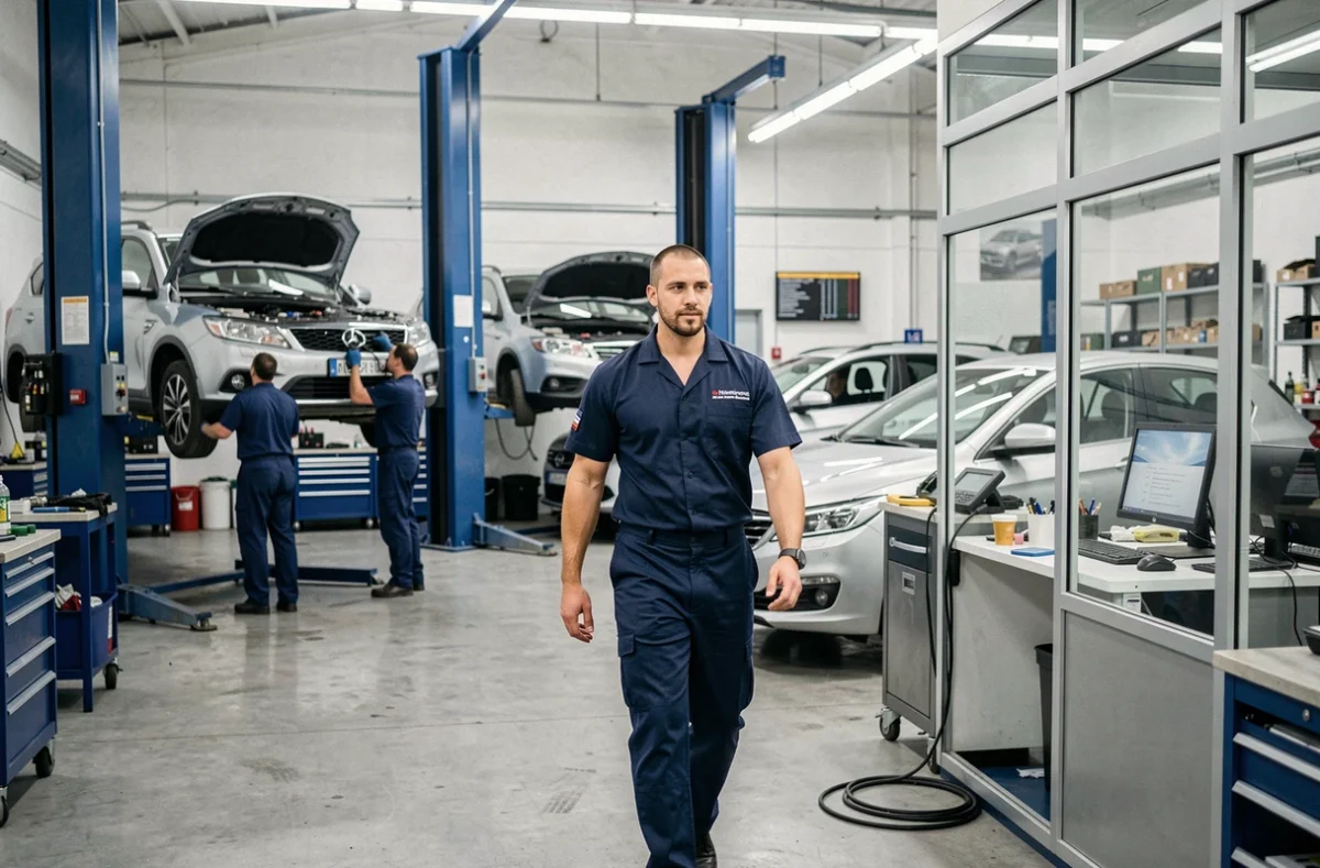 Mécanicien traversant un atelier multi-postes animé chez Bayi Auto à Argentan