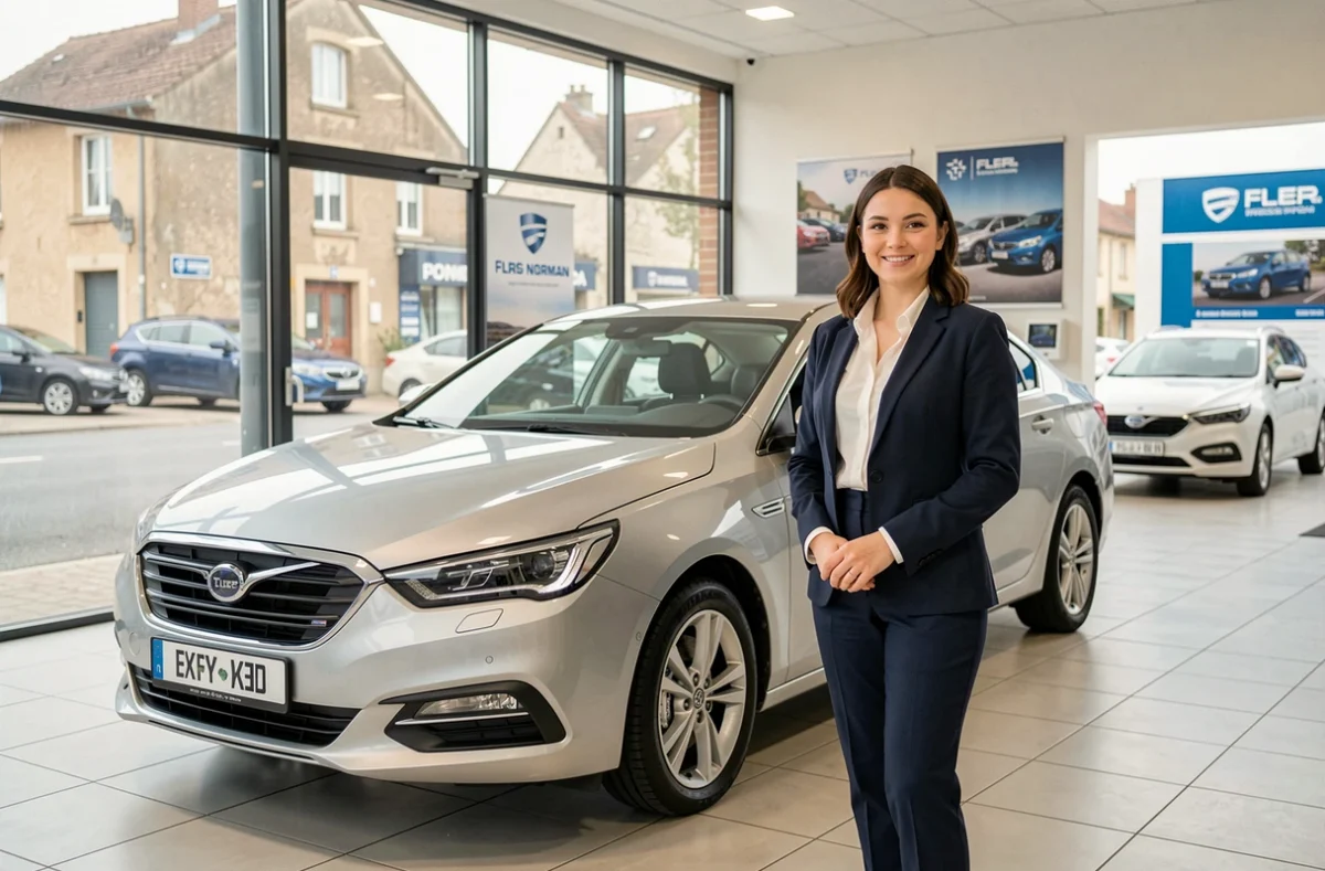 Conseillère automobile devant une berline dans le showroom moderne de BFO Automobiles à Flers