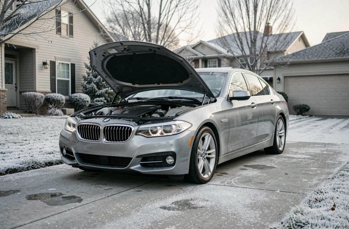 BMW 5 Series capot ouvert dans une allée résidentielle par temps froid hivernal illustrant un problème de démarrage à froid