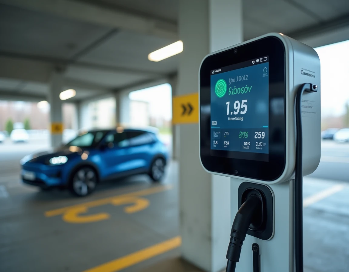 Gros plan sur une borne de recharge rapide en parking couvert Carrefour avec écran tactile affichant le statut de charge