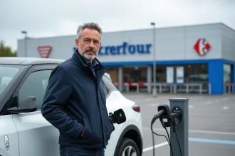Homme branchant un câble de recharge sur une borne électrique dans le parking d'un hypermarché Carrefour