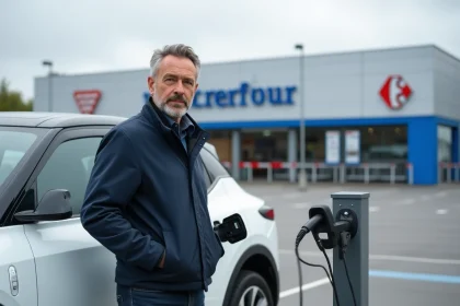 Homme branchant un câble de recharge sur une borne électrique dans le parking d'un hypermarché Carrefour