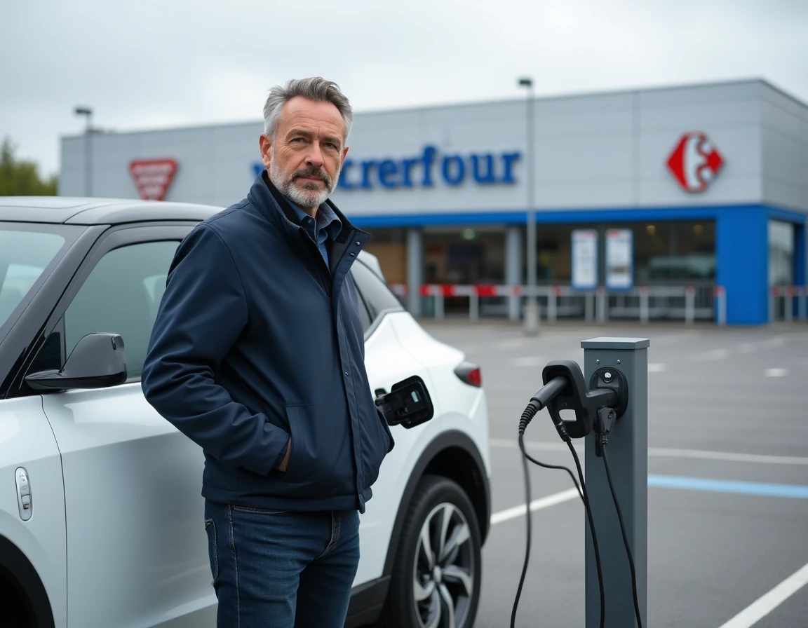 Homme branchant un câble de recharge sur une borne électrique dans le parking d'un hypermarché Carrefour