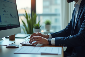 Professionnel utilisant un ordinateur moderne dans un bureau lumineux