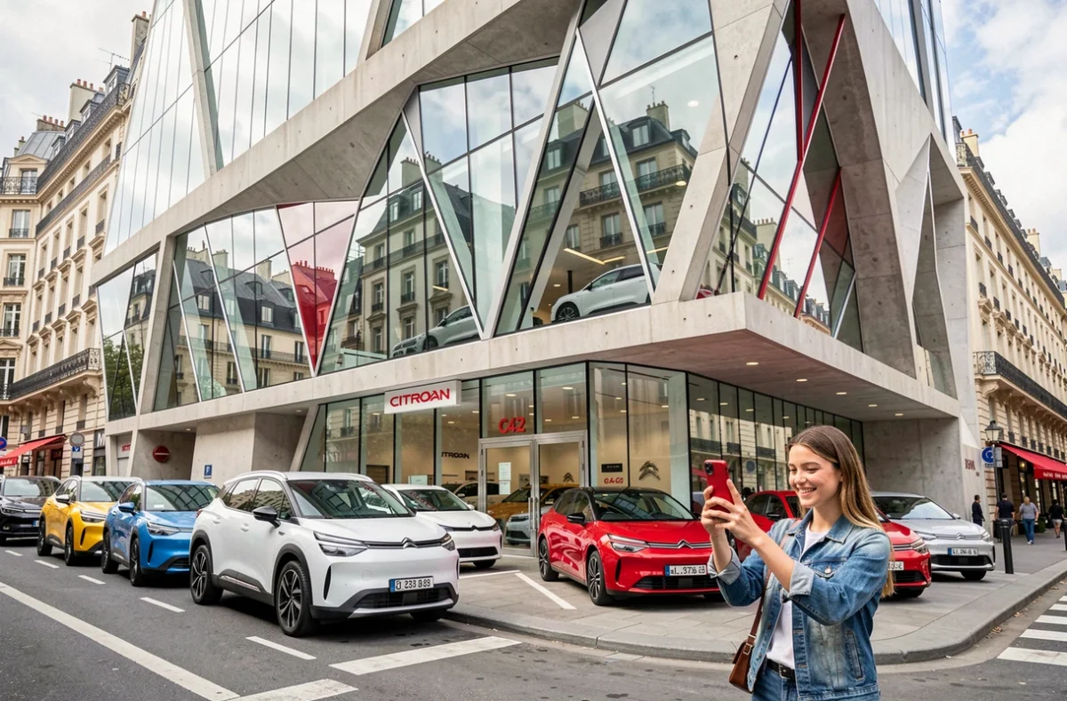 C42 Citroën à Paris avec façade géométrique et modèles électriques exposés dans un espace design