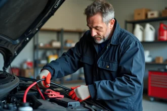 Homme connectant des câbles de démarrage sur une batterie de voiture dans un garage résidentiel