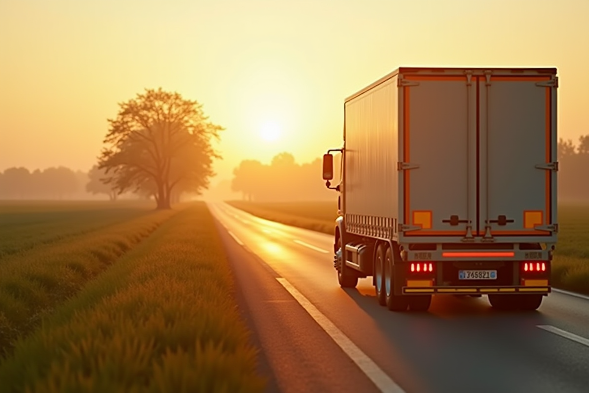 Camion de 15 tonnes sur une route rurale au coucher du soleil