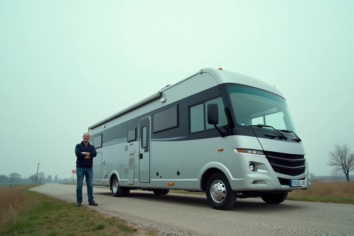 Camping-car lourd garé dans une aire de repos française avec un conducteur inspectant le véhicule