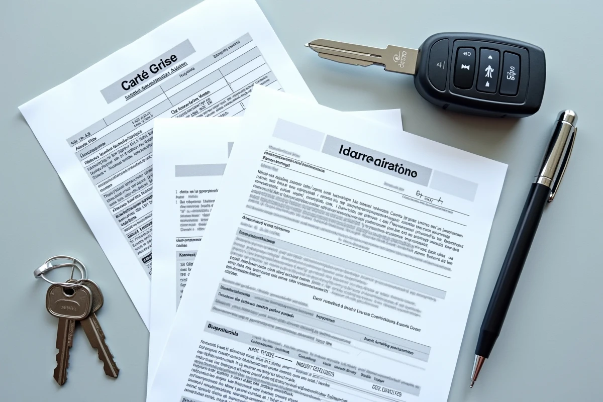 Carte grise française, clés de voiture et formulaire administratif posés sur un bureau, démarches d'immatriculation