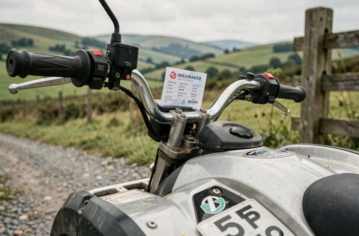 Gros plan sur la carte verte d'assurance quad fixée au guidon d'un quad garé sur un chemin de gravier