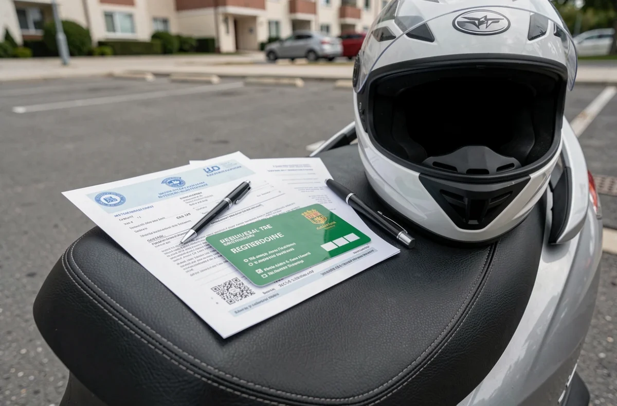 Carte verte d'assurance scooter posée sur la selle avec les documents administratifs