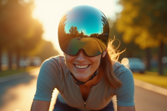 Cycliste portant un casque à visière iridium réfléchissante en plein soleil
