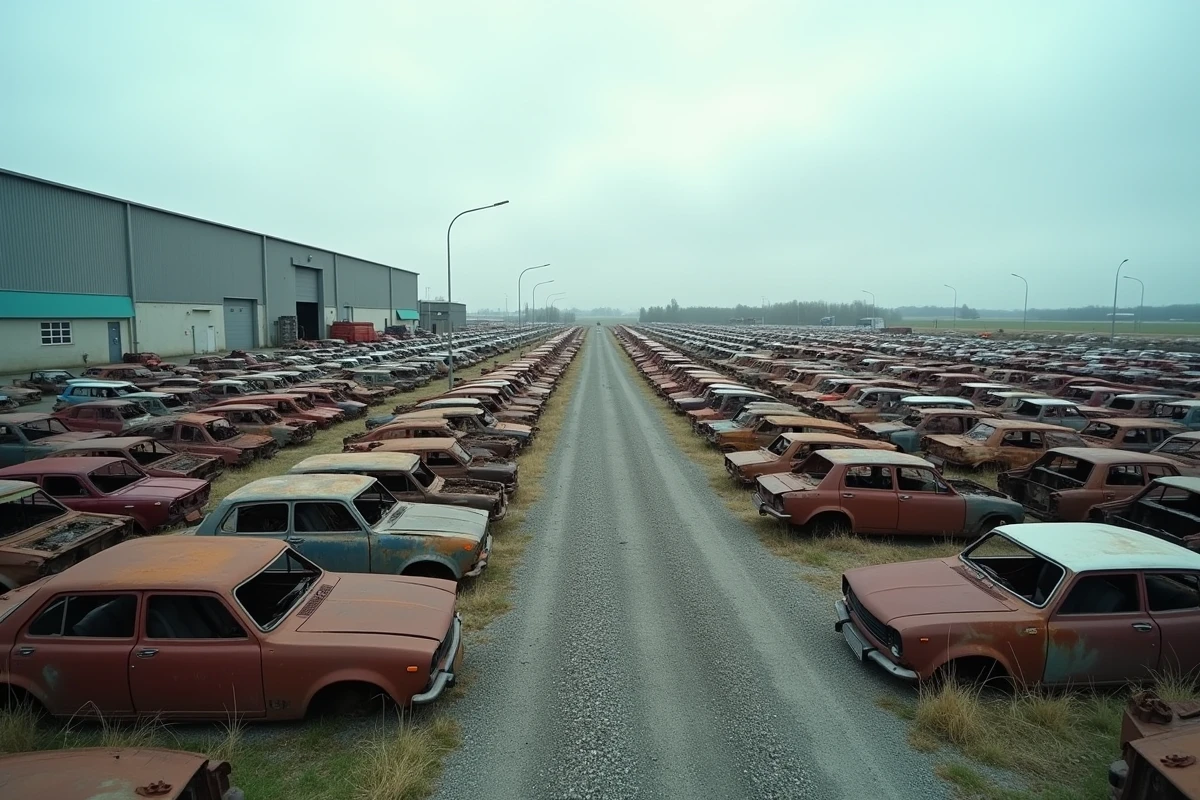 Vue panoramique d'une casse automobile avec rangées de véhicules désossés près de Carpiquet en Normandie