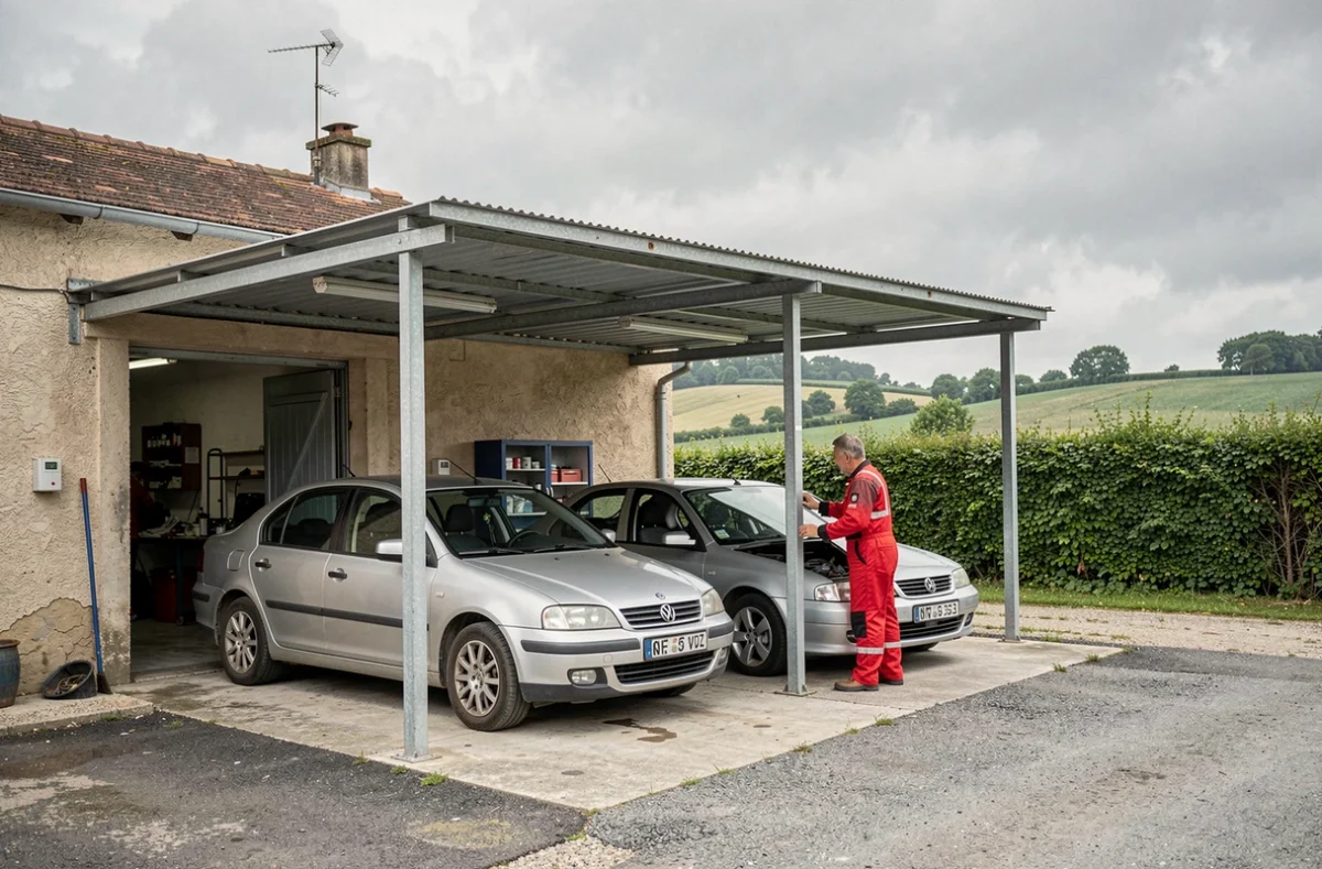 Préposé vérifiant le pare-brise d'une voiture d'occasion sur le parvis de Ceaucé Automobiles