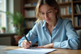 Femme remplissant un certificat de cession et une carte grise pour un changement de titulaire à son bureau à domicile
