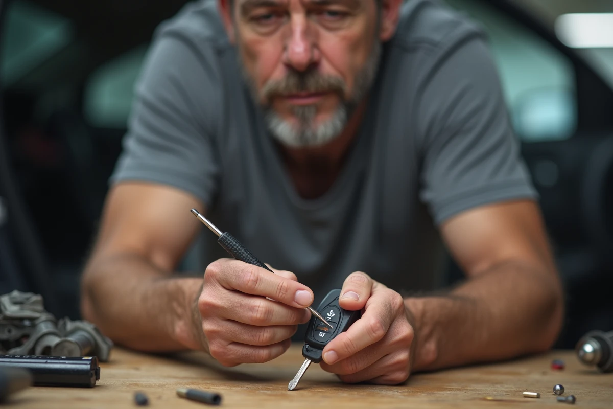 Homme changeant la pile d'une clé Clio 4 avec un tournevis de précision sur un établi de garage