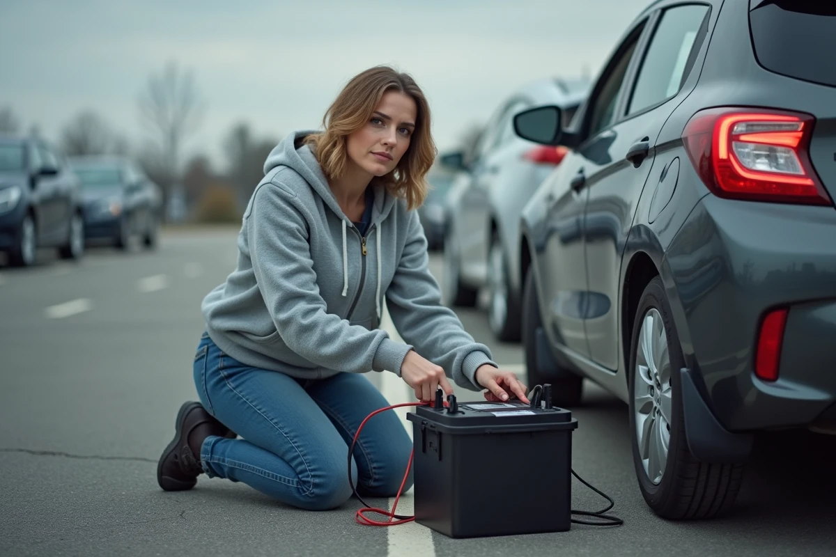 Femme branchant un chargeur de batterie électronique sur une voiture dans un parking urbain