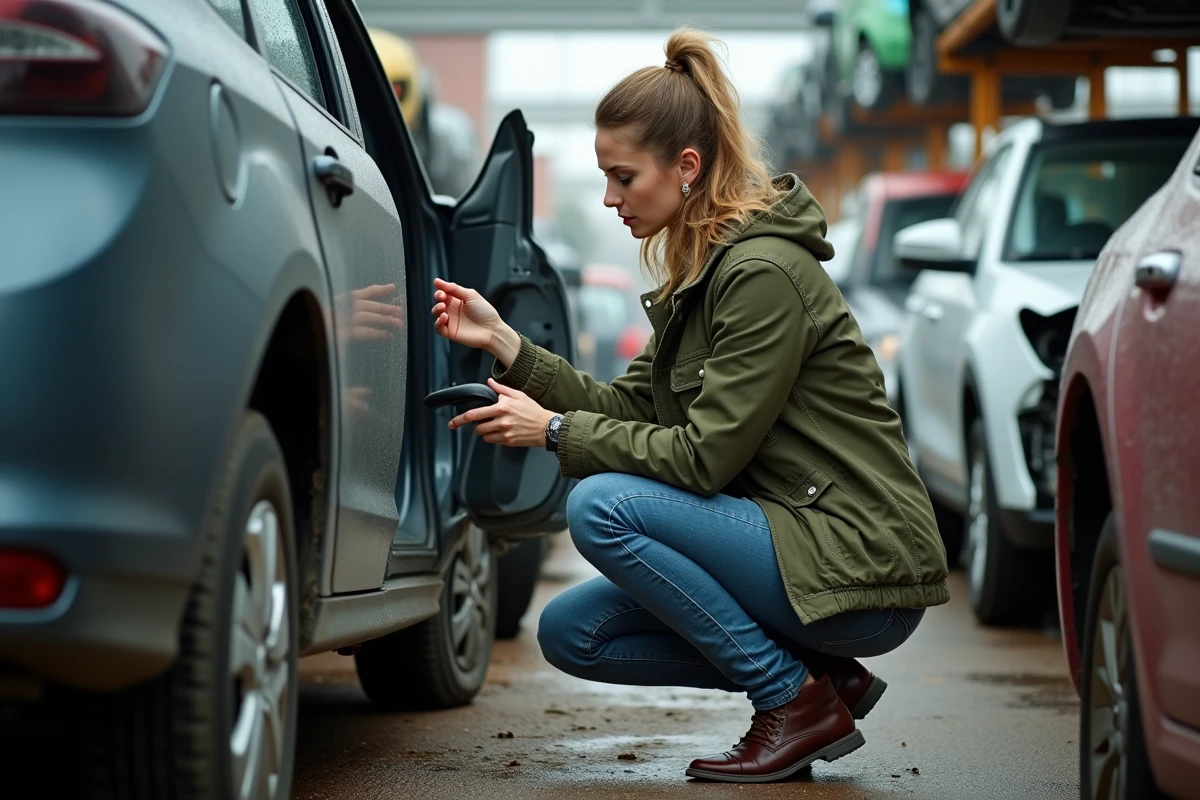 Cliente comparant des pièces détachées d'occasion dans une casse automobile en libre-service à Carpiquet