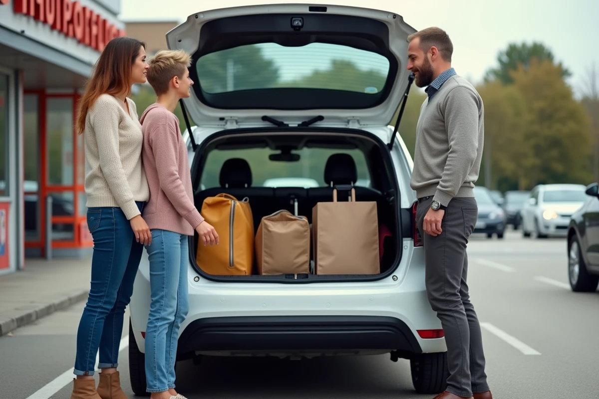 Famille chargeant des bagages dans le coffre d'une Renault Clio blanche dans un parking, illustrant la capacité de charge avec passagers