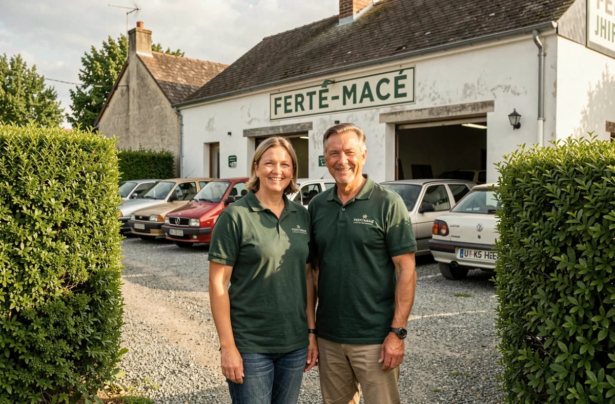 Couple de propriétaires devant le garage familial C & N Havard Automobiles Fertoises