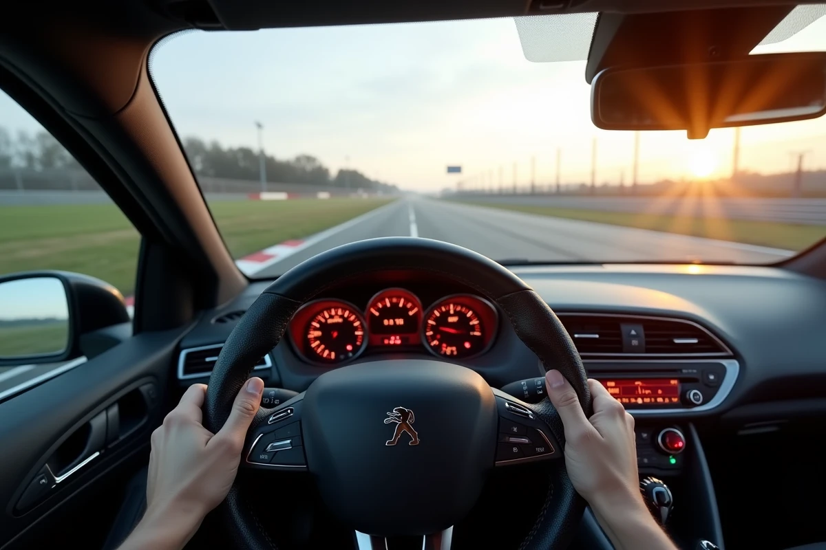 Vue intérieure cockpit Peugeot 208 GTI avec compteur au rouge lors d'un 0 à 100 sur circuit