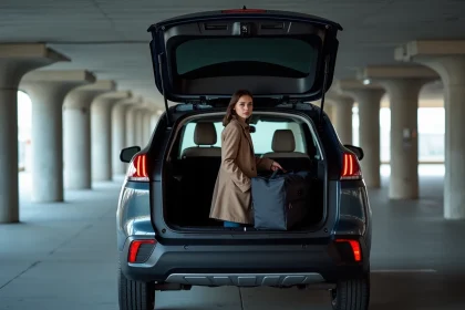Coffre ouvert d'une Peugeot 3008 thermique avec une femme chargeant une valise dans un parking souterrain