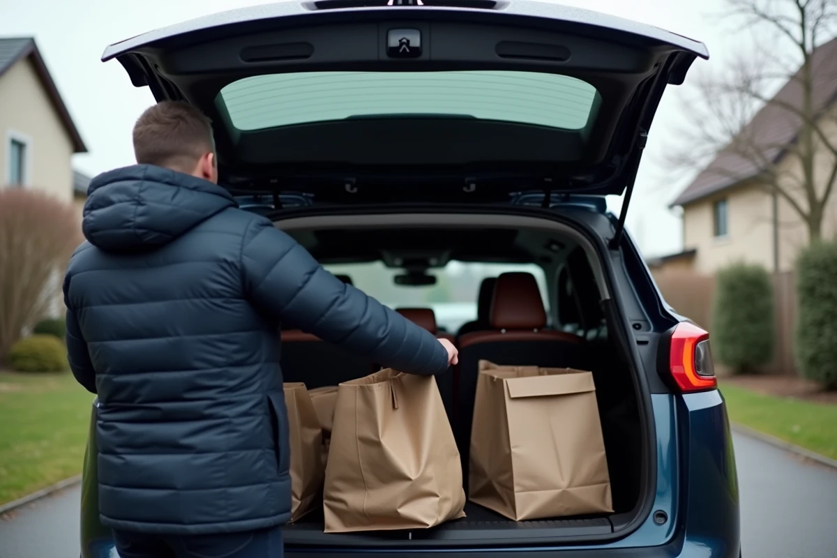 Coffre de la Peugeot E-3008 électrique ouvert dans une allée résidentielle avec un homme chargeant des courses