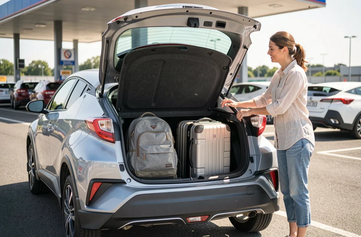 Coffre d'une Toyota C-HR ouvert avec valises lors d'un long voyage sur autoroute
