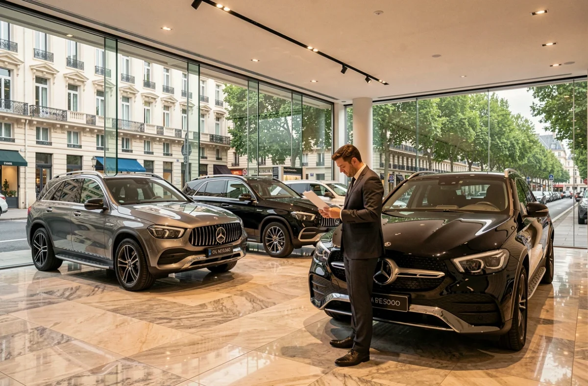 Showroom Mercedes-Benz Como Wagram à Paris avec berlines et SUV luxueux sur sol en marbre poli